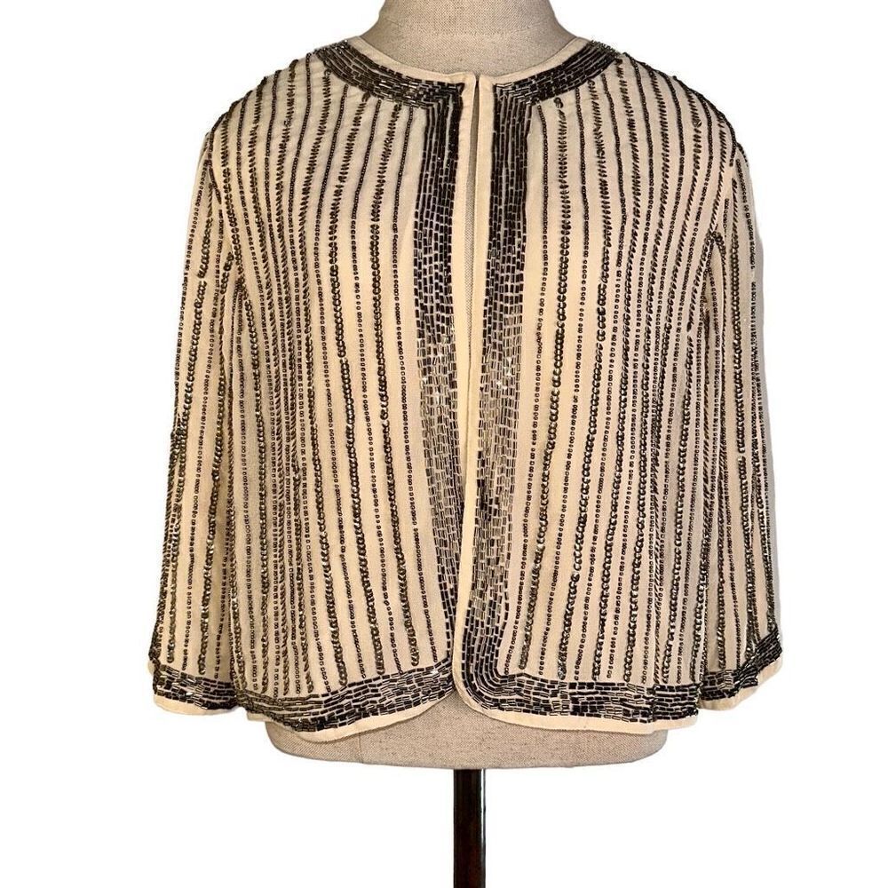 Forever 21 Womens Sequin Bead Embellished Cropped Blazer Cream Silver Glam NWT
